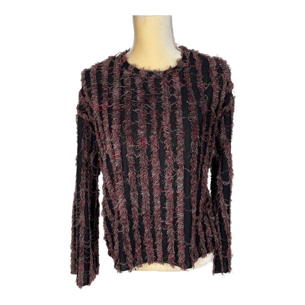 ZARA TRAFALUC BLACK MULTICOLOR STRIPED FRINGE PULLOVER BLOUSE Size M